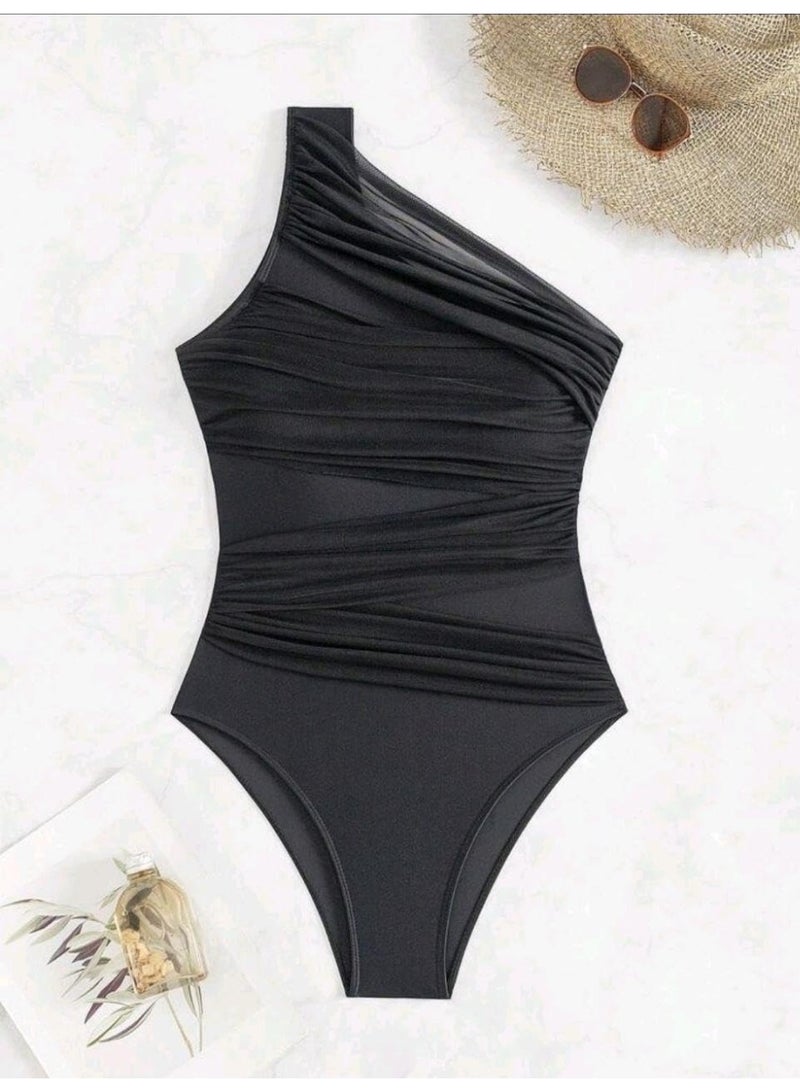 شي إن SHEIN- Swim Summer Beach Women's Fashionable Ruffled Asymmetrical Shoulder One-Piece Swimsuit - Image 5